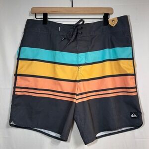 Quiksilver Mens Striped Board Shorts‎ 34 Charcoal Teal Yellow Orange 19" Outseam